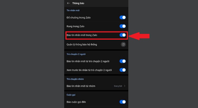 Báo tin nhắn mới Zalo