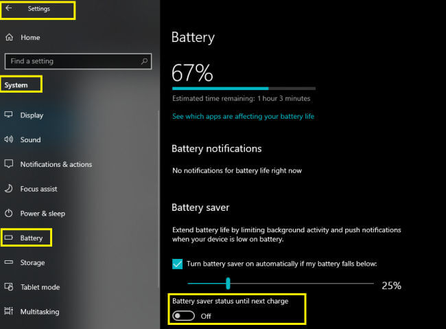 Tắt ứng dụng trên Win 10 sử dụng Battery Saver Mode