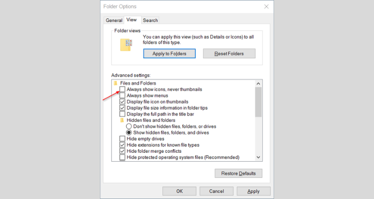 Bỏ chọn “Always show icons, never thumbnails”