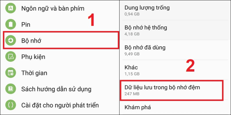 Bước 1: Truy cập vào Cài đặt > Chọn mục Bộ nhớ.