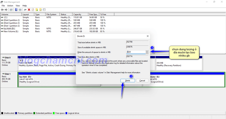 Trên cửa sổ chọn dung lượng cho ổ cứng mới => Nhấn Shrink.