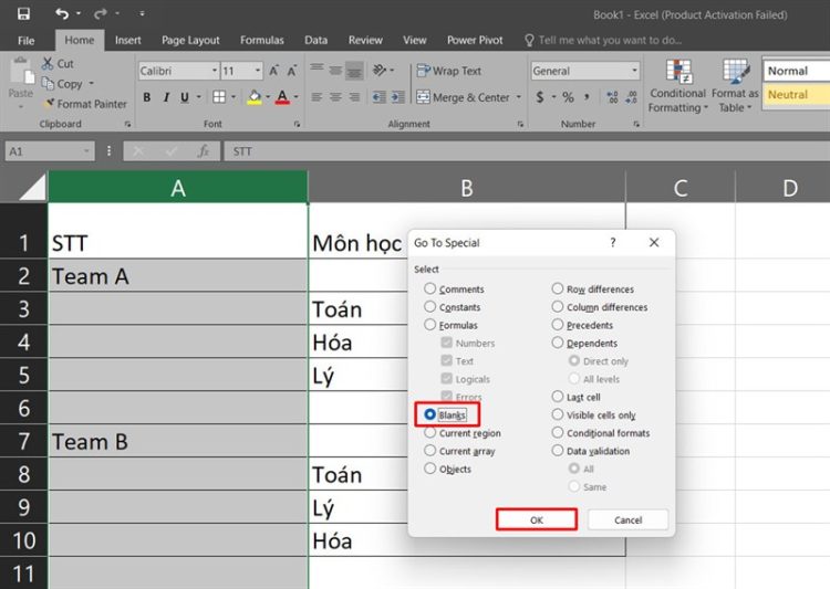 Cách đánh số thứ tự khi có dòng ngăn cách trong Excel 2