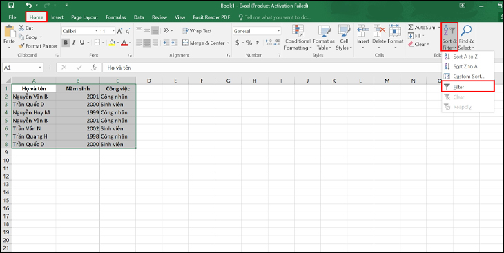 Cách lọc dữ liệu trong Excel đơn giản 2