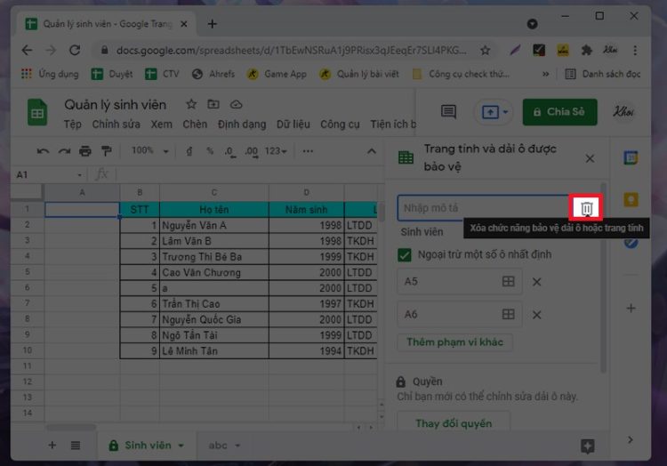 Cách mở khóa Sheet trong Google trang tính