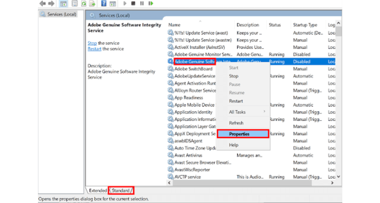 Cách tắt Adobe Genuine Service Alert thông qua Services