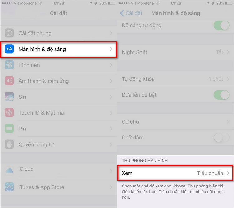 Cài đặt màn hình tiêu chuẩn trên iPhone