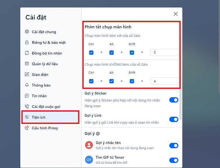 Cài đặt phím tắt chụp màn hình Zalo