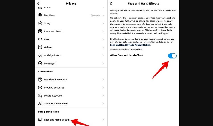 Cấp quyền cho hiệu ứng khuôn mặt và bàn tay trên Instagram