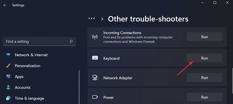Chạy trình khắc phục sự cố cho bàn phím