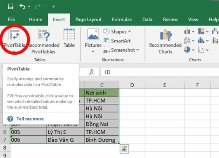 Chọn Pivottable