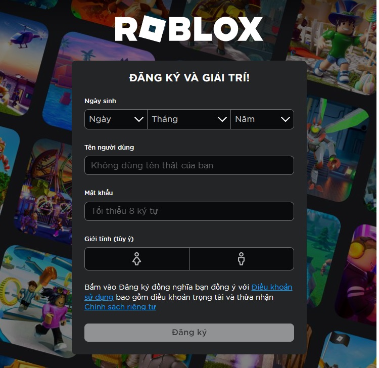 Đăng ký thông tin trên Roblox