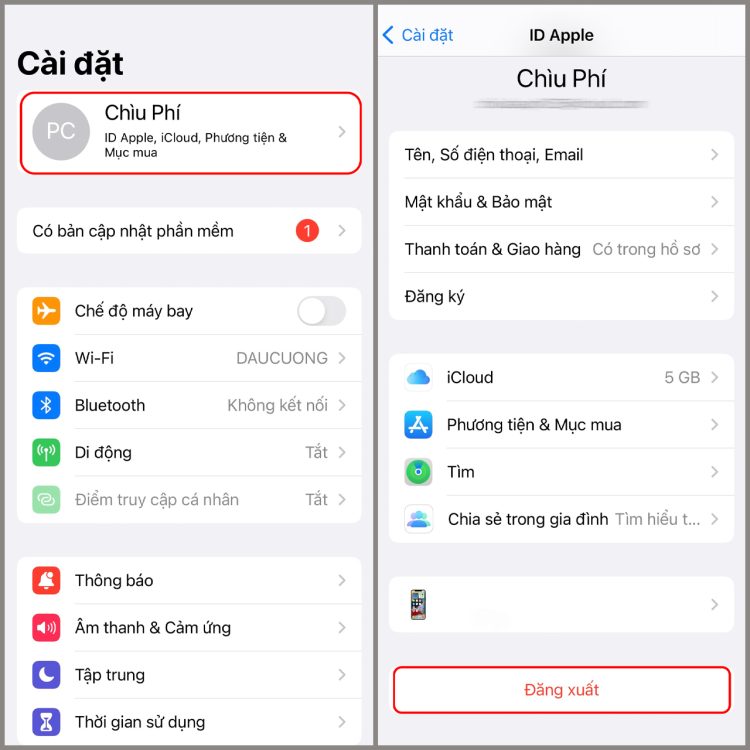 Đăng xuất iCloud và đăng nhập lại