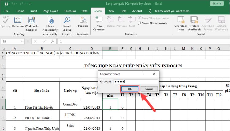 Đặt mật khẩu khi khóa Sheet