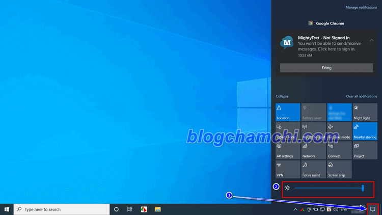 Điều chỉnh độ sáng màn hình laptop Windows 10 sử dụng Action Center