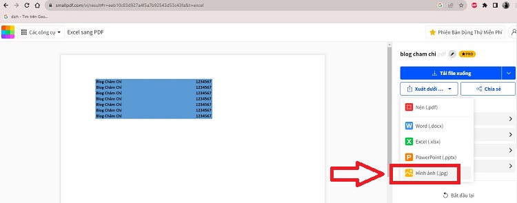 Đổi Excel sang ảnh trực tuyến