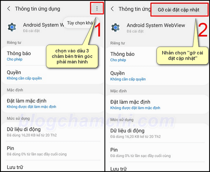 Gỡ cài đặt cập nhật ứng dụng Android System WebView