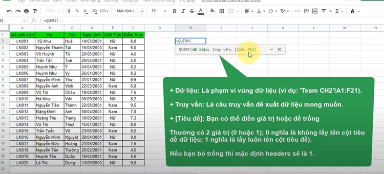 Hàm QUERY truy vấn dữ liệu