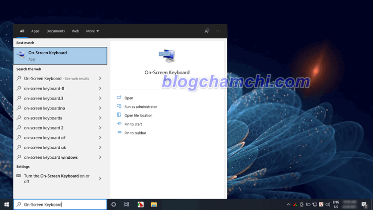 Cách mở bàn phím ảo win 10 bằng chức năng tìm kiếm