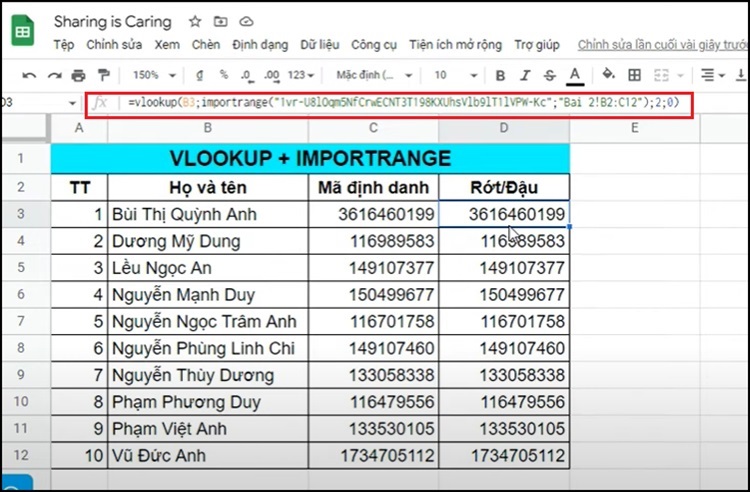 Ví dụ kết hợp Vlookup với importrange (link rút gọn)