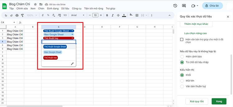 Kết quả tạo danh sách trong Google Sheet