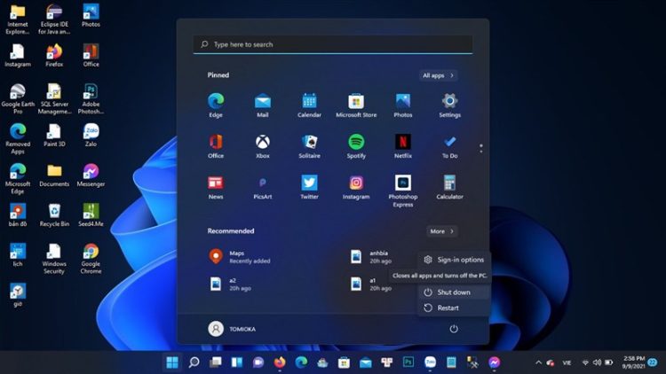 Khởi động lại máy tính win 11