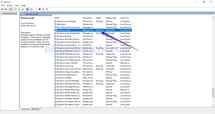 Khởi động lại Audio Service để sửa lỗi mất âm thanh trên Win 10