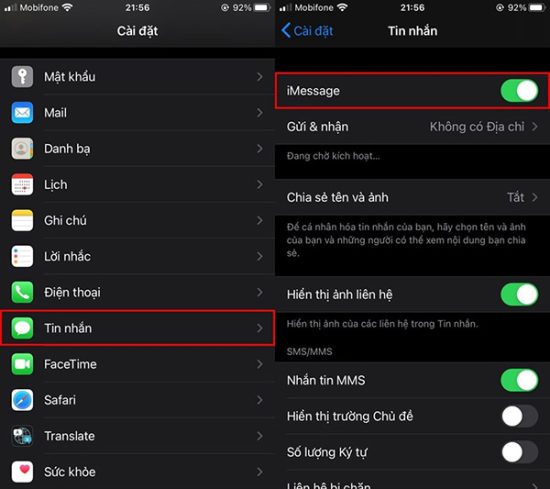 Kiểm tra và kích hoạt iMessage