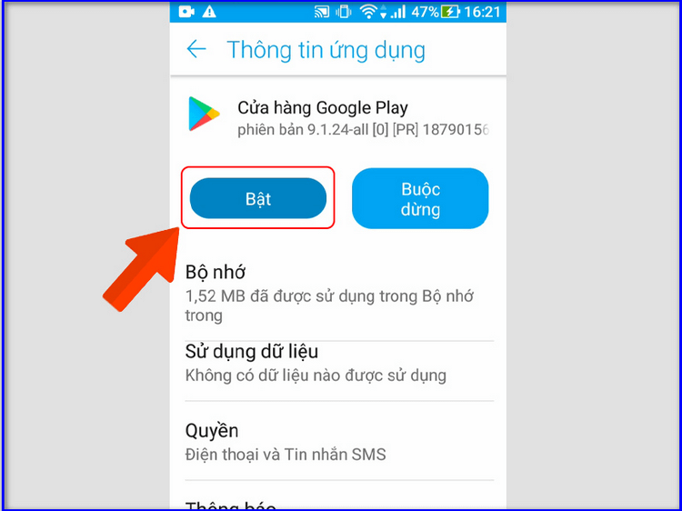 Bật lại ứng dụng CH Play