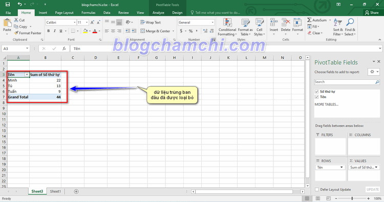 Hướng dẫn Lọc dữ liệu trùng nhau trong Excel bằng Pivot Table