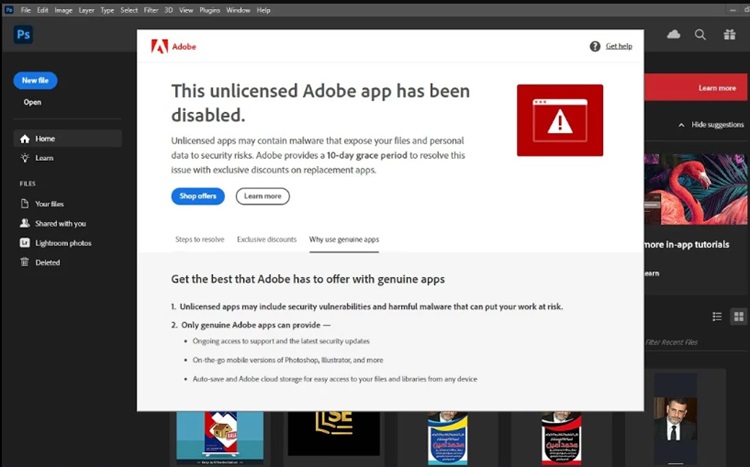 Lỗi bản quyền trên Photoshop hạn 10 ngày