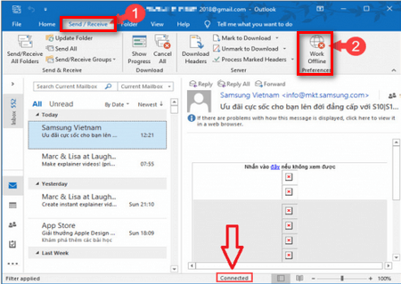 Sửa lỗi Outlook không nhận được mail do bật chế độ Offline
