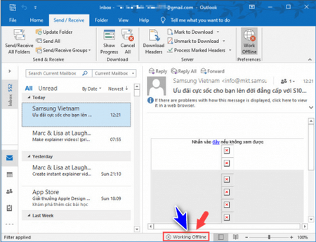 Do bật chế độ Offline nên bạn không thể nhận được mail