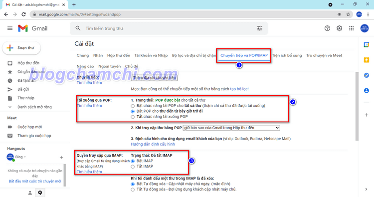 Bật POP/IMAP trên gmail để khắc phục lỗi không thêm mail trên outlook