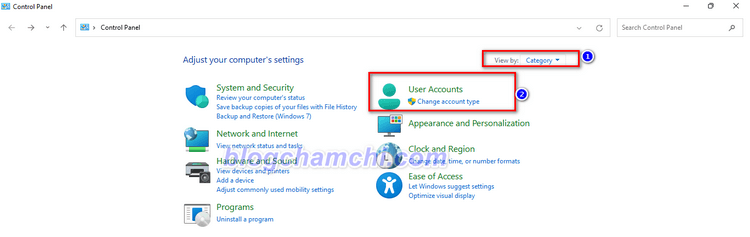 Mở Control Panel rồi chọn User Accounts