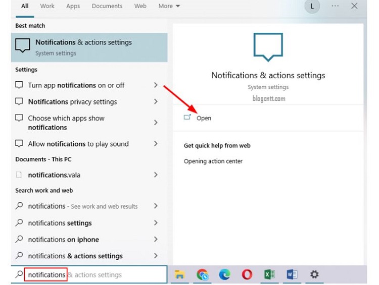 Mở Notifications & action settings