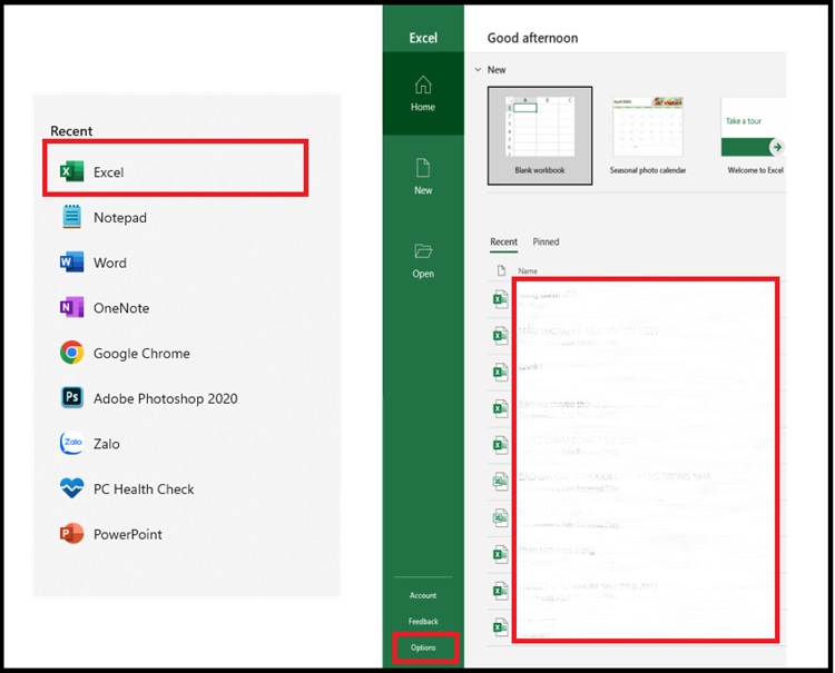 Mở Options trong Excel