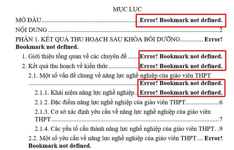 Nguyên nhân gây ra lỗi error bookmark not defined trong Word