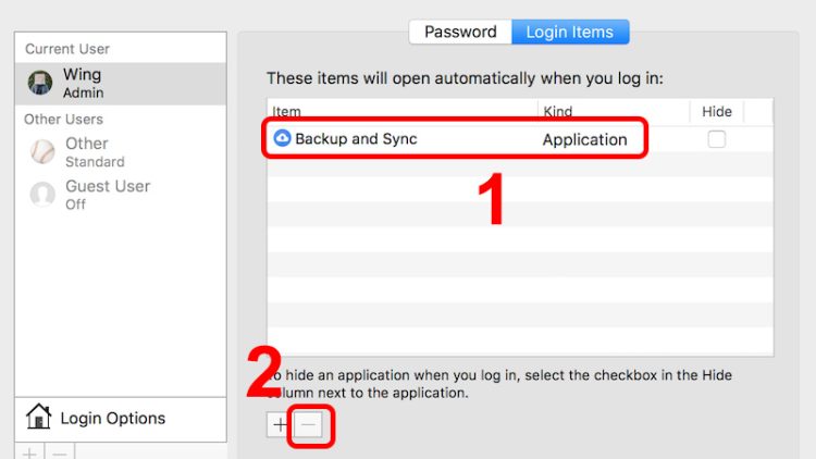 Nhấn chọn Login Items > Chọn Ứng dụng muốn tắt > Nhấn dấu (-).
