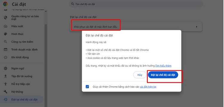 Reset trình duyệt Chrome