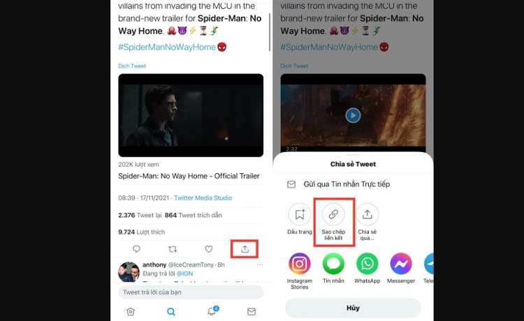Sao chép liên kết video Twitter