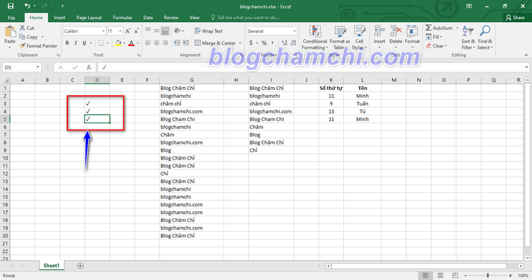 Sao chép dấu tích để tạo biểu tượng dấu tích trong Excel