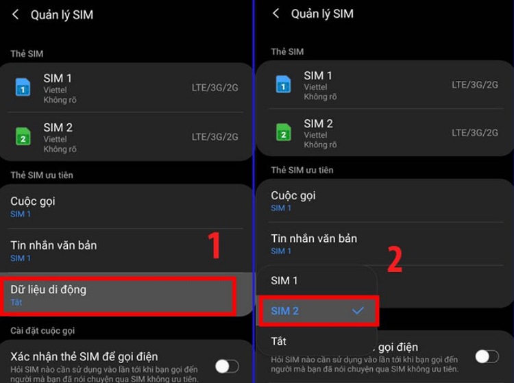 sử dụng dữ liệu mạng SIM 2 Samsung