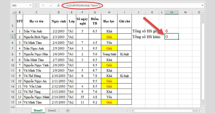 Sử dụng hàm COUNTIF để đếm các dữ liệu trùng nhau trong 2 cột Excel