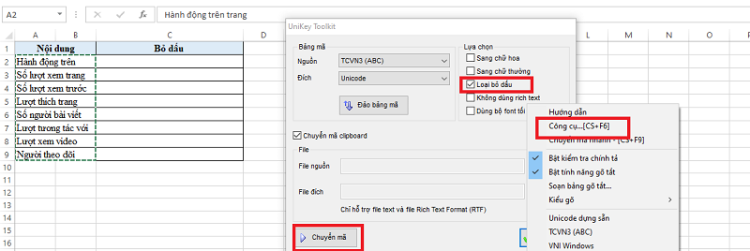 Sử dụng phần mềm Unikey để bỏ dấu trong Excel
