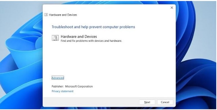 Khởi chạy Hardware and Devices Troubleshooter