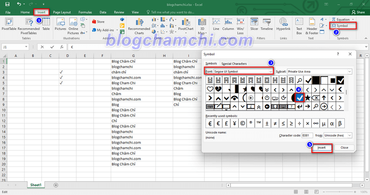 Sử dụng hộp thoại Symbol tạo biểu tượng ô tích trong Microsoft Excel