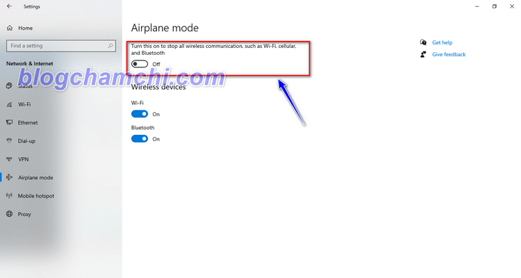 Tắt chế độ máy bay bằng Settings trên Windows 10