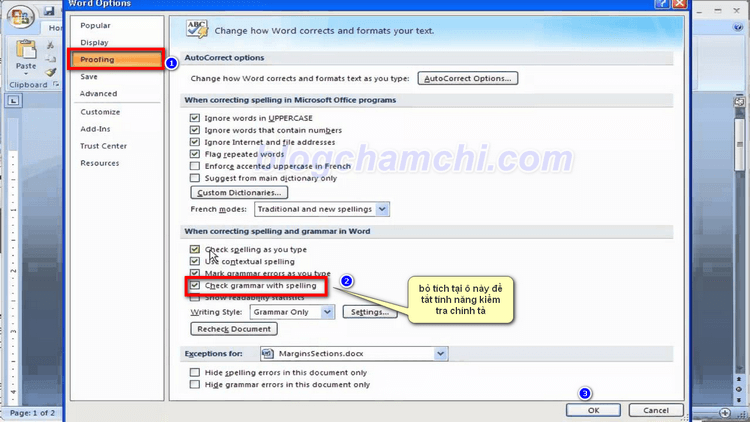 Cách tắt dấu gạch chân đỏ kiểm tra chính tả trong Word 2007, 2010