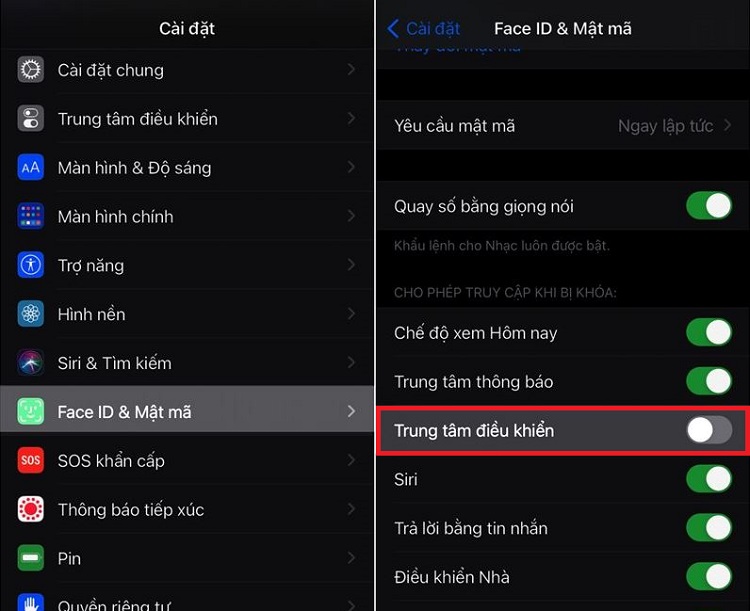 tắt trung tâm điều khiển ở màn hình khóa iPhone