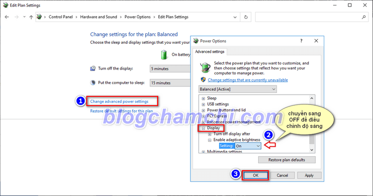 Tắt/ Tật tính năng sáng tự động trên Windows 10 dùng Control Panel